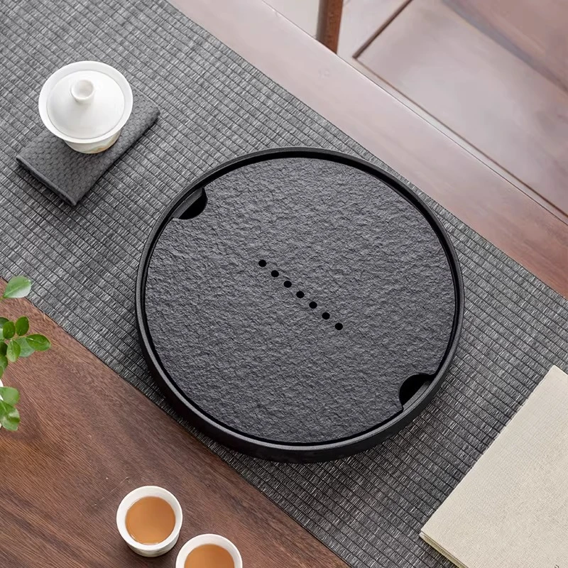 Round Black Tea Tray Modern Slate Luxury Small Kong Fu Stone Tea Tray Teacup Chinese Table bandejas de madera Rectangular Tray