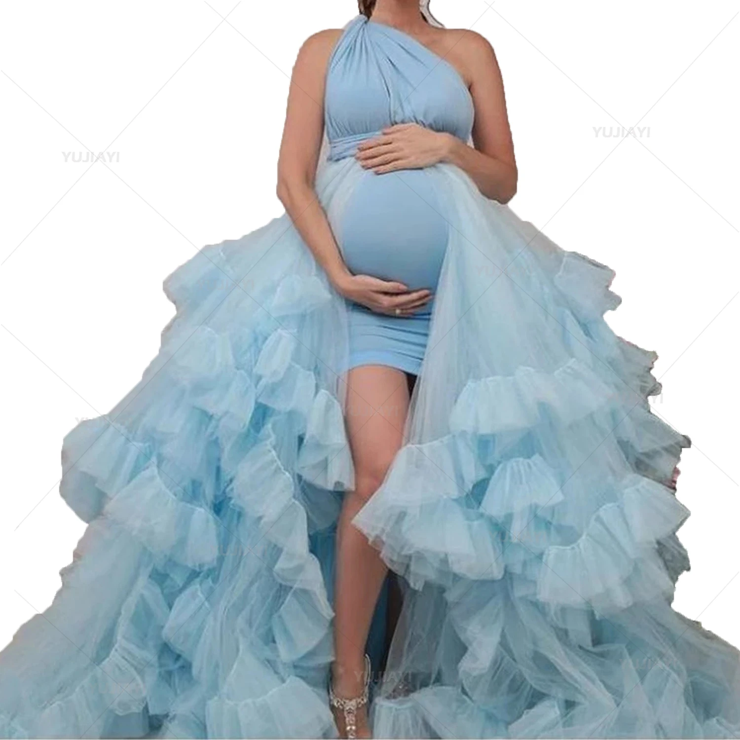 One Shoulder Blue Maternity Gowns for Photo Shoot Tiered Ruffles Pregnancy Women Short Maternity Dresses with Skirt Sleepwear