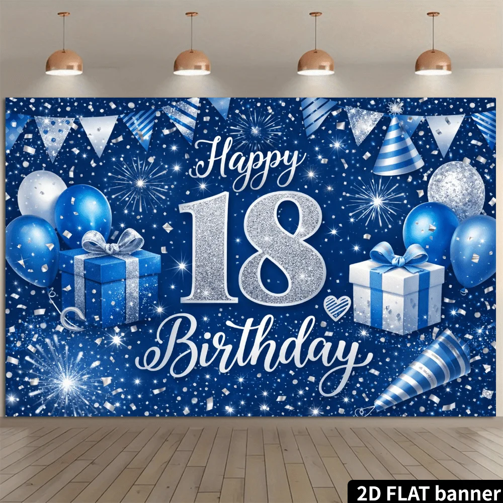 2D plane 18th birthday party backdrop cloth, blue and silver gift box, hat, firecrackers, triangular flag decorationzyc