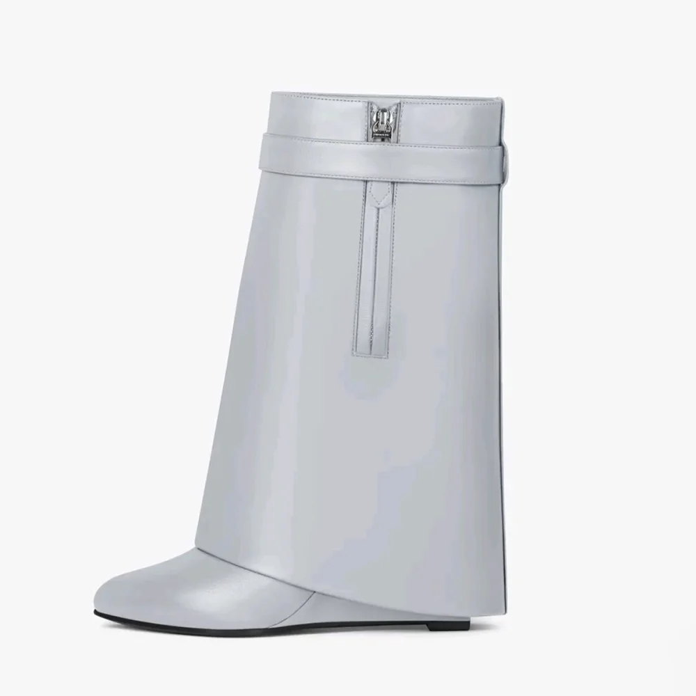 Spring Autumn New Style Wide Barrel Foldable Shark Boots Leisure Fashionable High Heeled Mid Calf  Boots Party Banquet Shoes