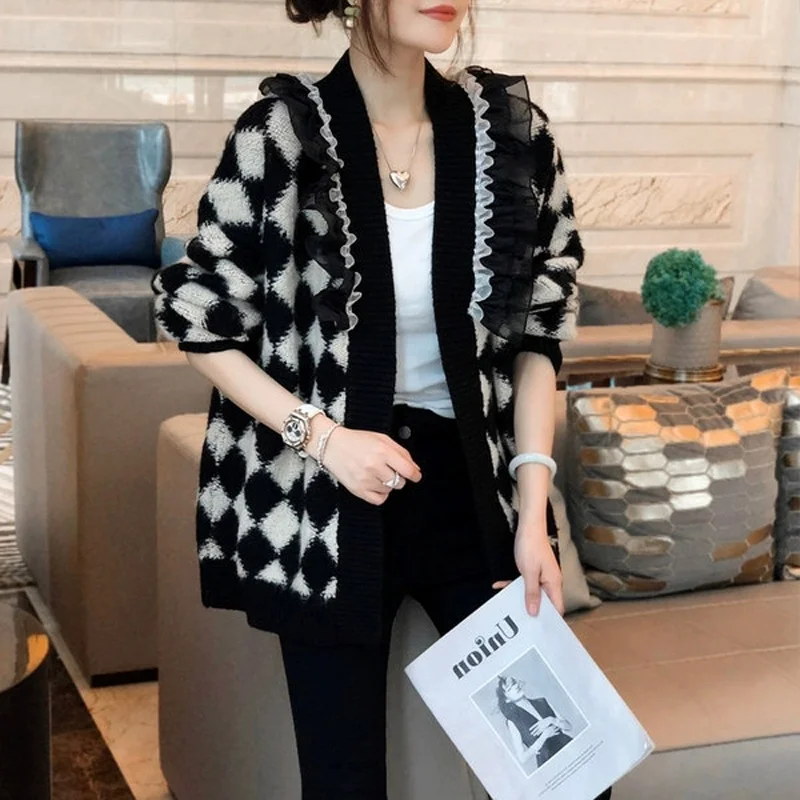 Black Plaid Sweater Cardigan Women's Casual Loose Knitted Top Spring And Autumn Lace Ruffle Collar Vintage Coat Female