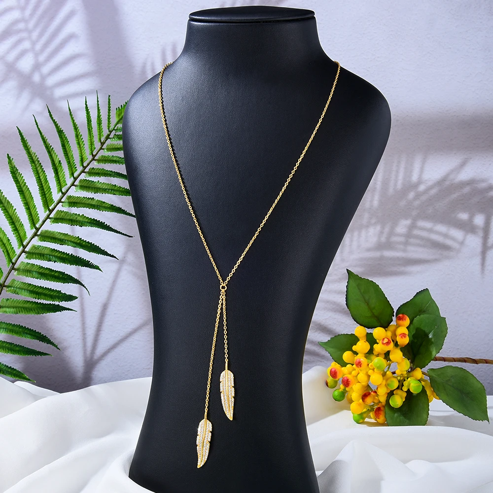 Soramoore New Trendy Long Chains Feather Pendant Necklace Jewelry for Women Girl Bridal Wedding Full Shiny CZ Romantic Lady Gift