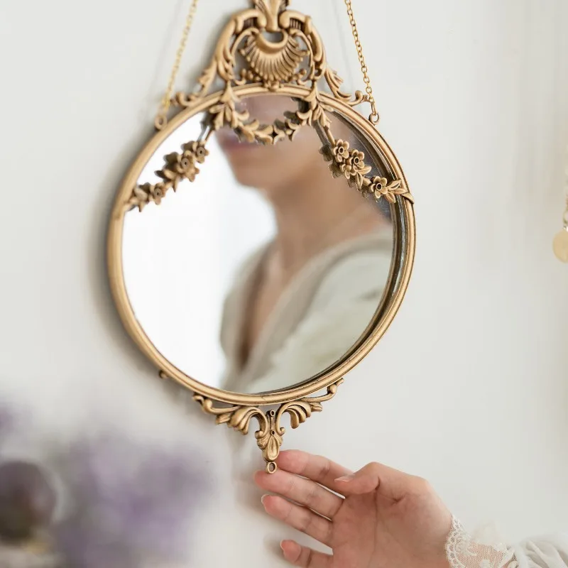 Vintage court style wall-mounted decorative mirror cosmetic mirror gold chain carved bedroom bathroom cosmetic mirror
