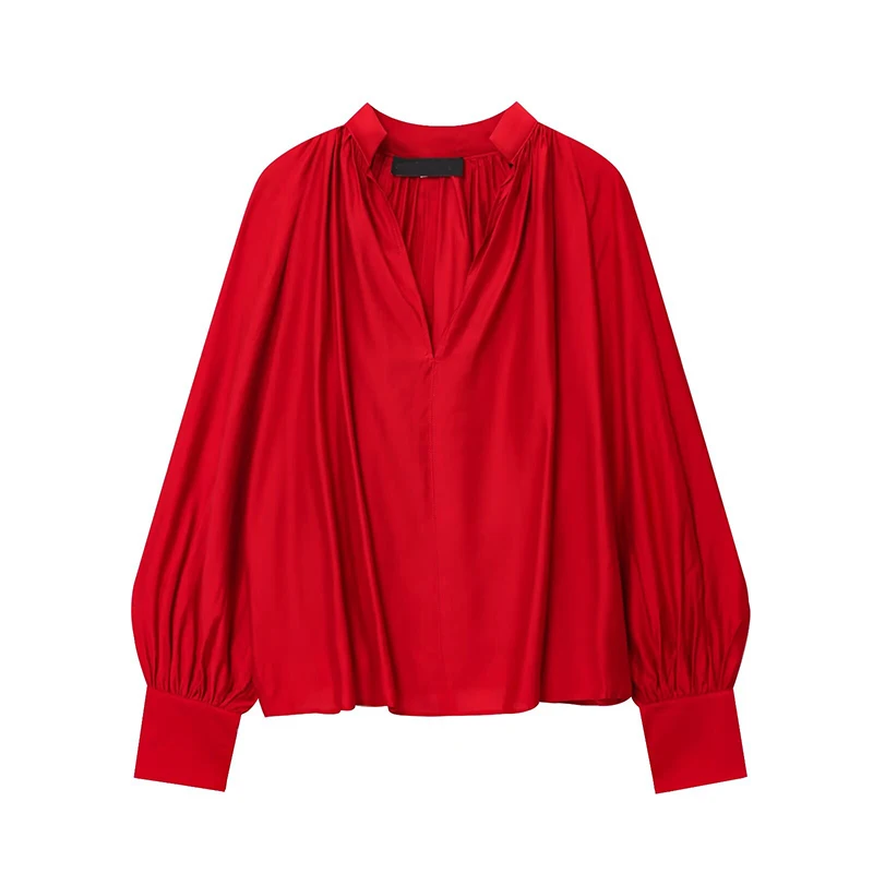 YENKYE 2025 Women Black Red V Neck Lantern Sleeve Blouse Vintage Loose Autumn Tops