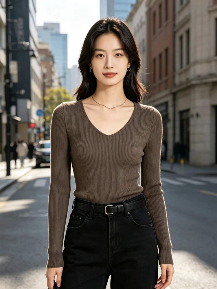 Autumn Women V‑Neck Ribbed Knit Long Sleeve Tops Slim Fit Basic Tee Casual Streetwear Soft Knitted Pullover Blouse For Daily