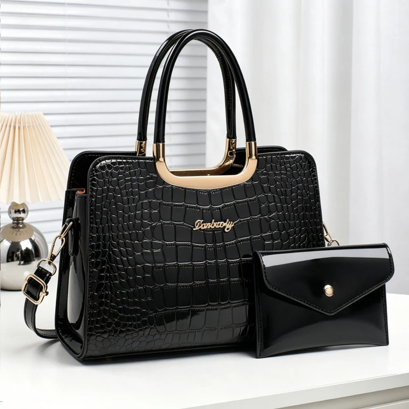 2-piece women's matching bag set, crocodile print patent leather women's handbags, premium genuine leather top-handle bags