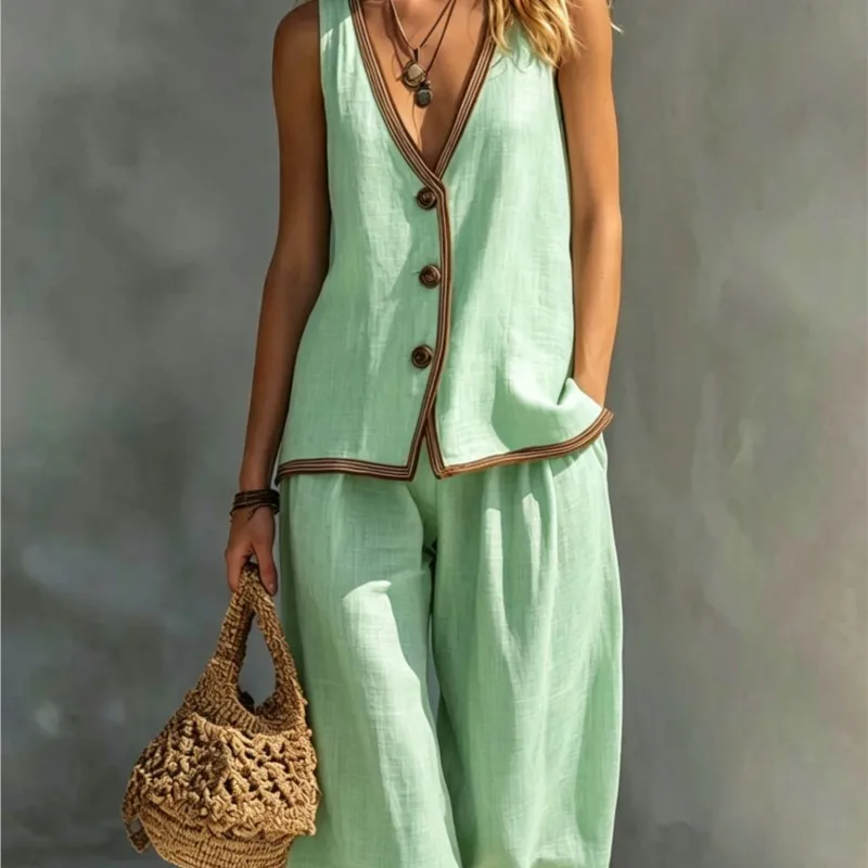 2026 New Summer Five Quarter Pants Set Button Casual Loose Daily Commuting Fashion Comfortable Sleeveless Five Quarter Pants Set