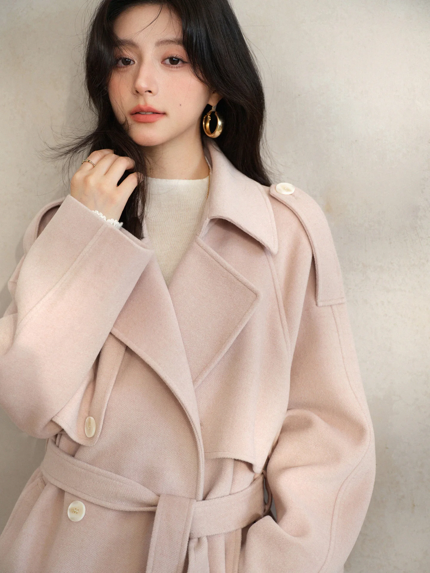 Elegant Short Wool-like Coat Women Lady Belted Winter Outerwear Jacket Lapel Design Slim Waist Silhouette for Daily Chic Styling