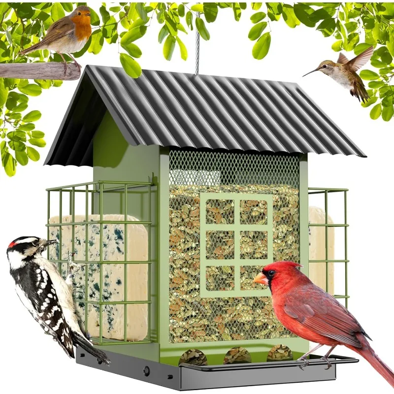 Bird Feeders for Outdoors Hanging, Metal Bird Feeder with Double Suet Cage Cake, Large Capacity, Birdfeeders Sturdy & W