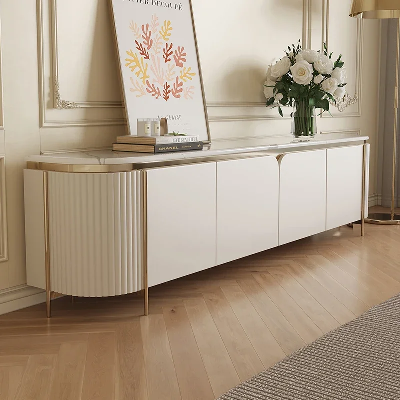 

Light luxury modern high-end marble TV cabinet storage cabinet integrated against the wall rounded corners household living room