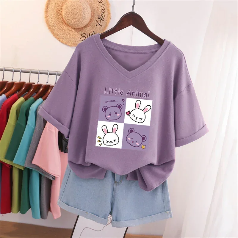 EBAIHUI Plus Size T Shirt 100% Cotton L-5XL Tshirt Short Sleeve Women Top 2023 Summer Cartoon T Shirt V Neck Oversized T Shirts