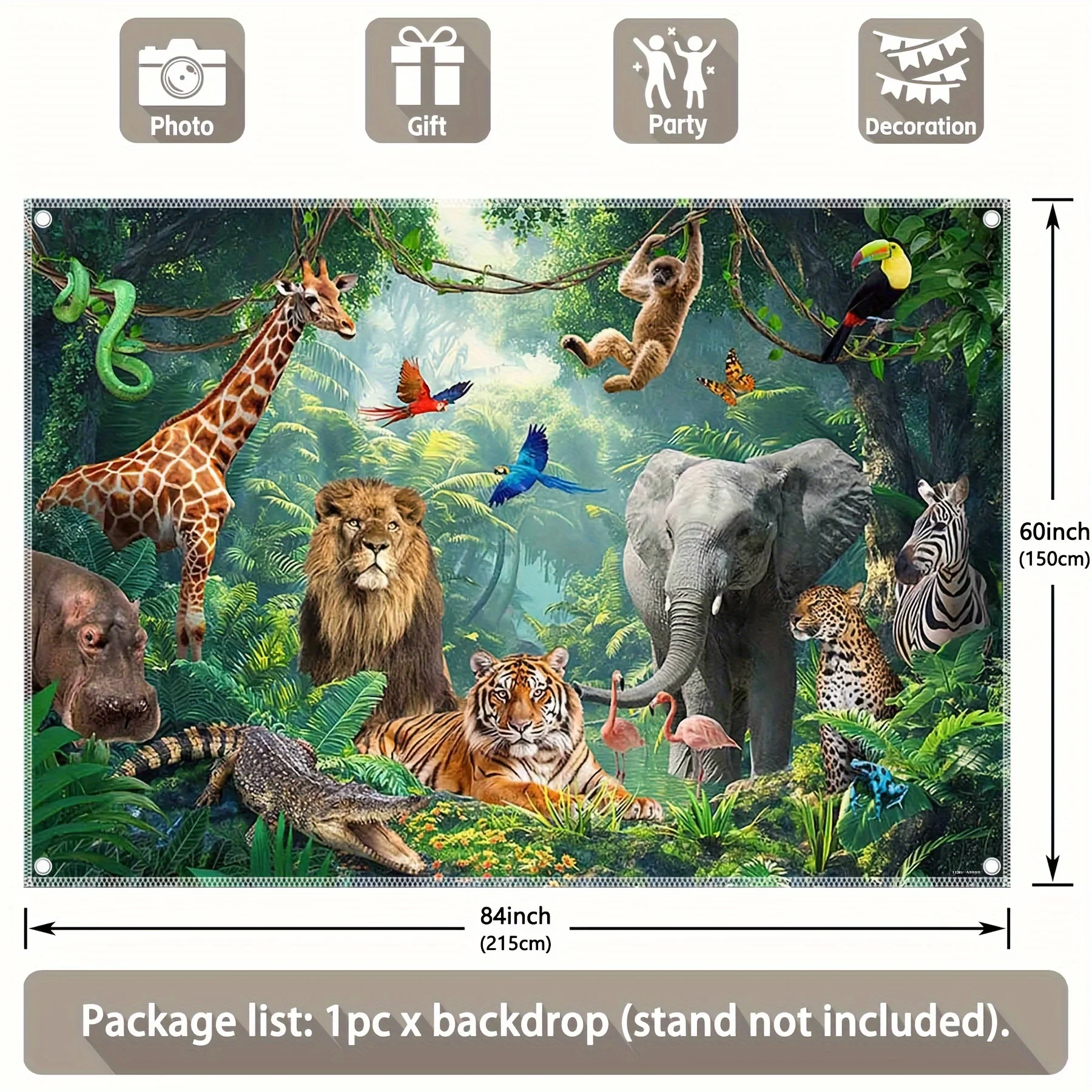 خلفية مغامرة الغابة: تتميز بالنمور والأسود والفيلة والزرافات والحمراء - مثالية للتصوير الفوتوغرافي والحفلات #3