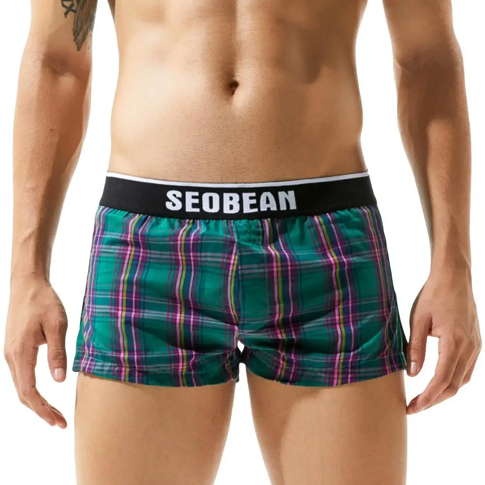 Seobean-bóxer de algodón 100% para hombre, ropa interior holgada, clásica, a cuadros, para estar en casa