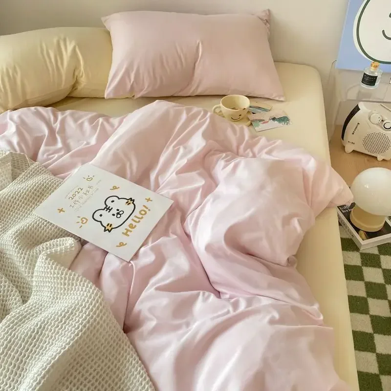 Juego de cama coreano de Color sólido para adultos y niños, cama doble tamaño Queen, Sábana plana, funda nórdica, fundas de almohada, ropa de cama sencilla