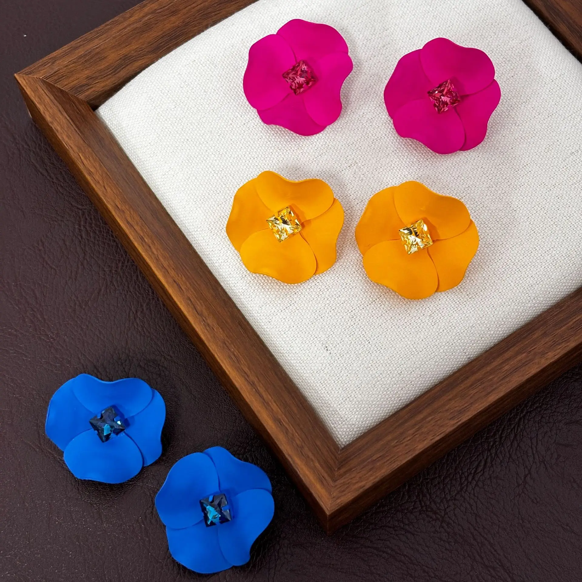 Exaggerated atmosphere Large flower stud earrings Klein blue rose red yellow four-petaled flower with diamonds Earrings  Women