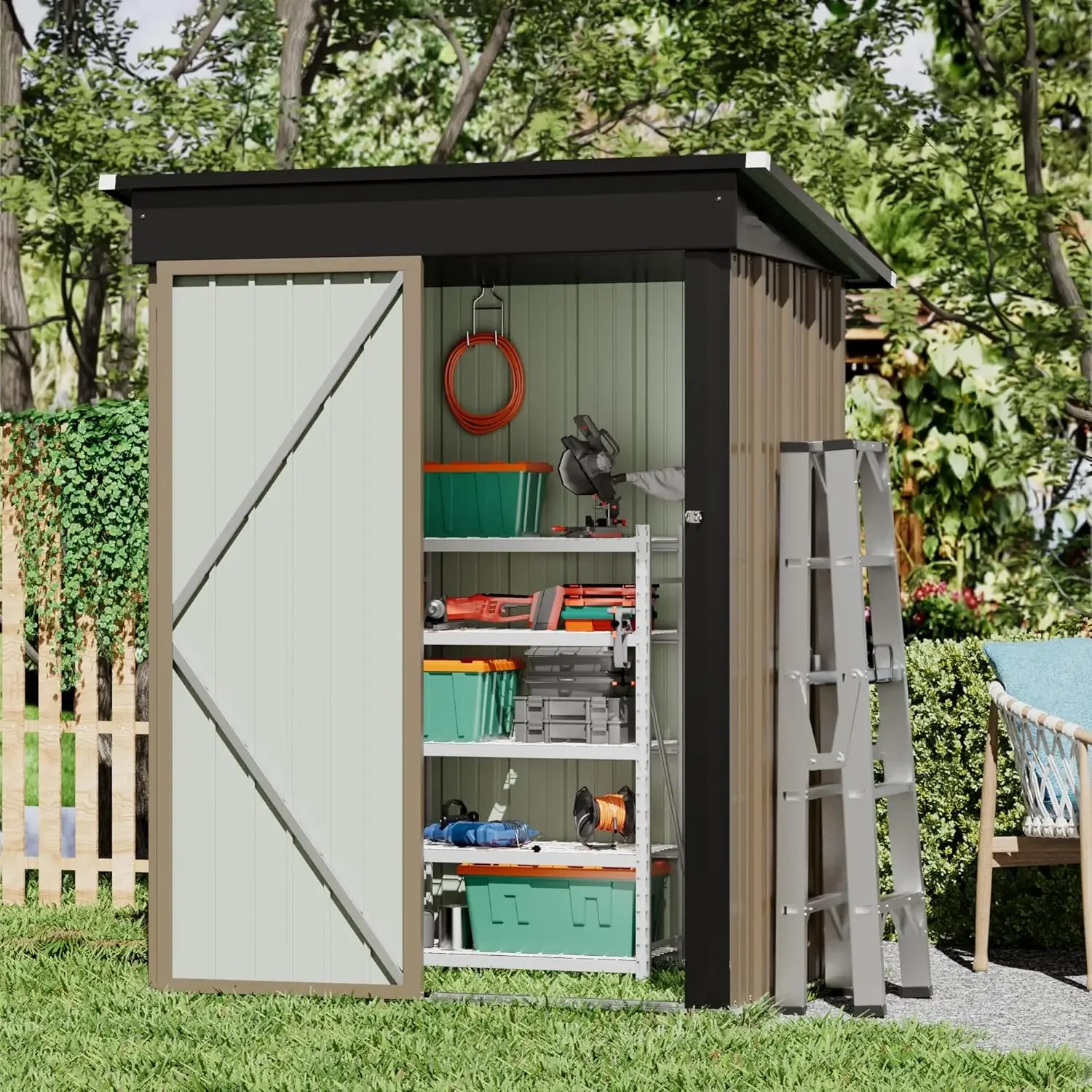 Outdoor Storage Shed Metal Garden Shed with Lockable Door Outside Waterproof Tool Shed for Backyard, Patio, Lawn (Brown)