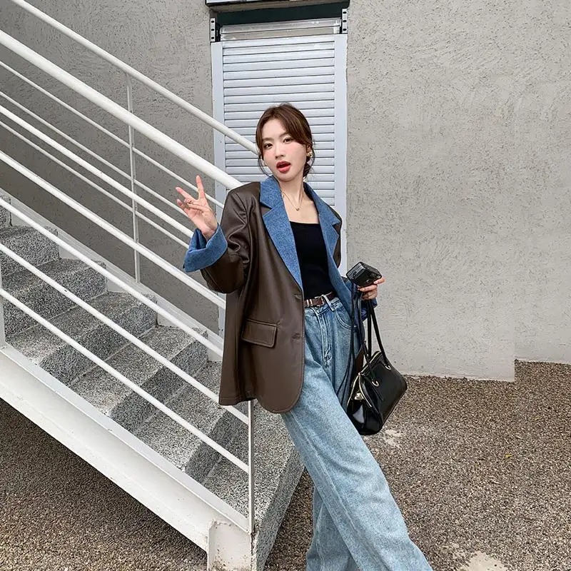 

SuperAen 2026 Spring New Denim Patchwork Notched Leather Jacket High Street Designed Women Fashion Oversize Korean Coats