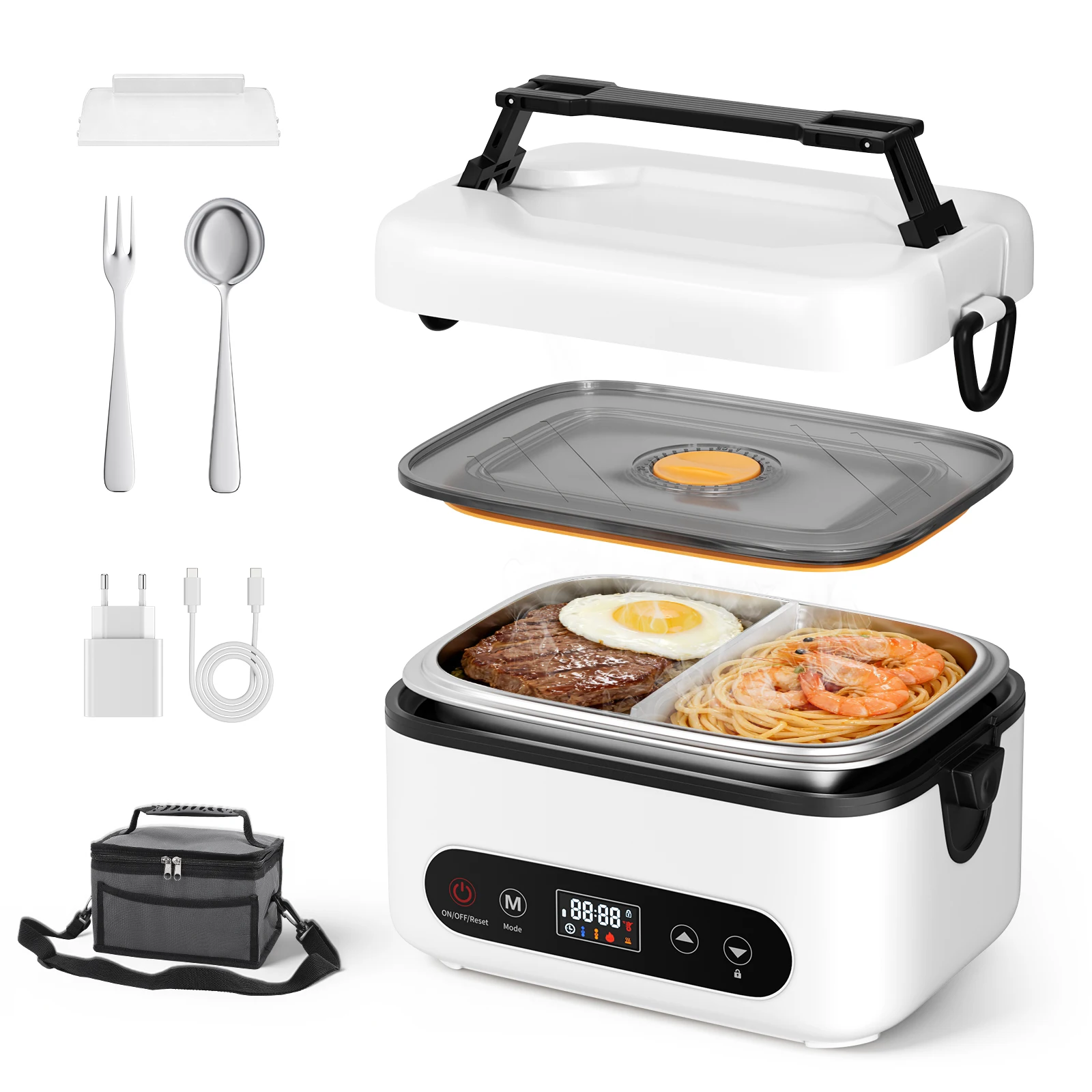 Tragbare kabellose beheizbare Lunchbox, 100/80/60 W, schnelles Aufheizen, 1/1,2 l, großes Fassungsvermögen, 4 Heizmodi mit Timer, 12000 mAh, für Büro und Reisen