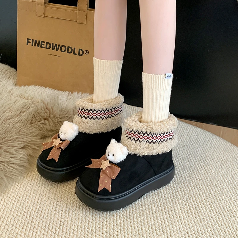 Women's Flat Cotton Boots Winter New Round Head Suede Cartoon Bear Embroidery Soft Ground Non-slip Snow Boots