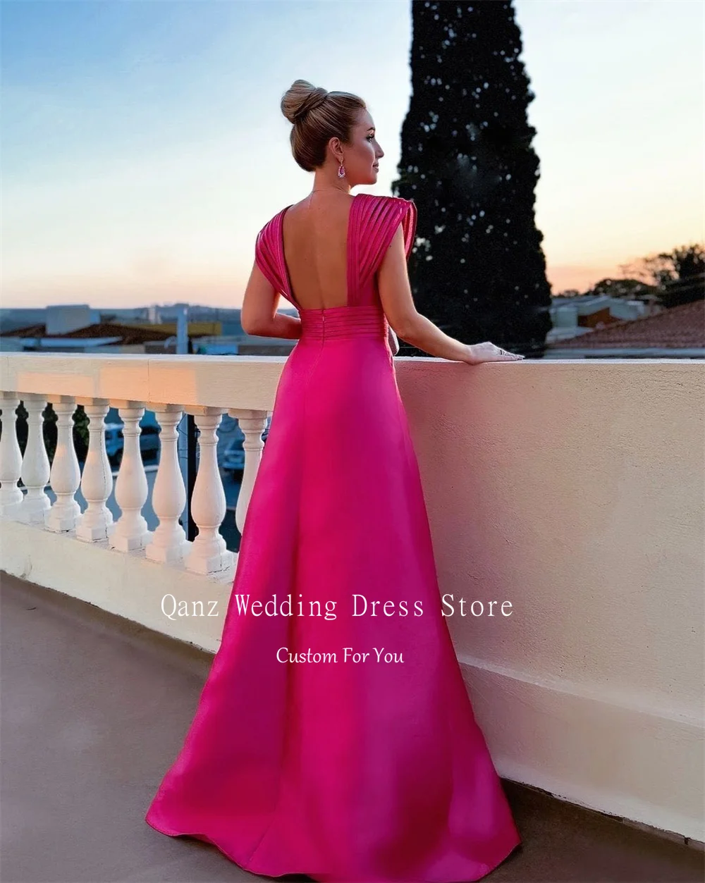 Qanz Women Long Fuchsia Prom Dresses 2024 Deep V Neck High Slit Satin Evening Party Gowns Customized Backless Vestidos De Festa