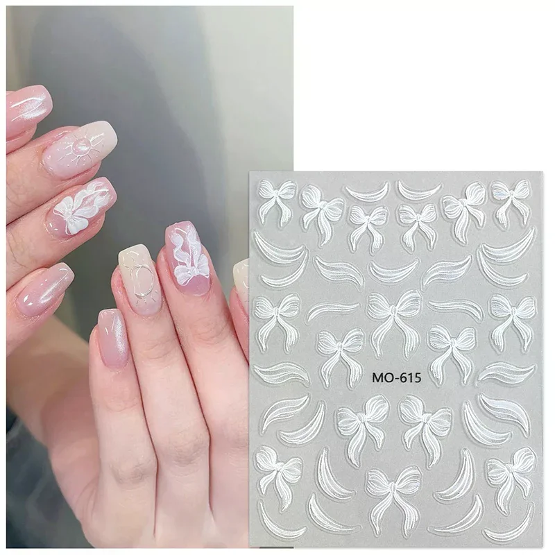 Autocollants pour ongles avec nœud en ruban blanc, 1 feuille, finition auto-adhésive, décalcomanies pour bricolage, manucure, décor à la mode