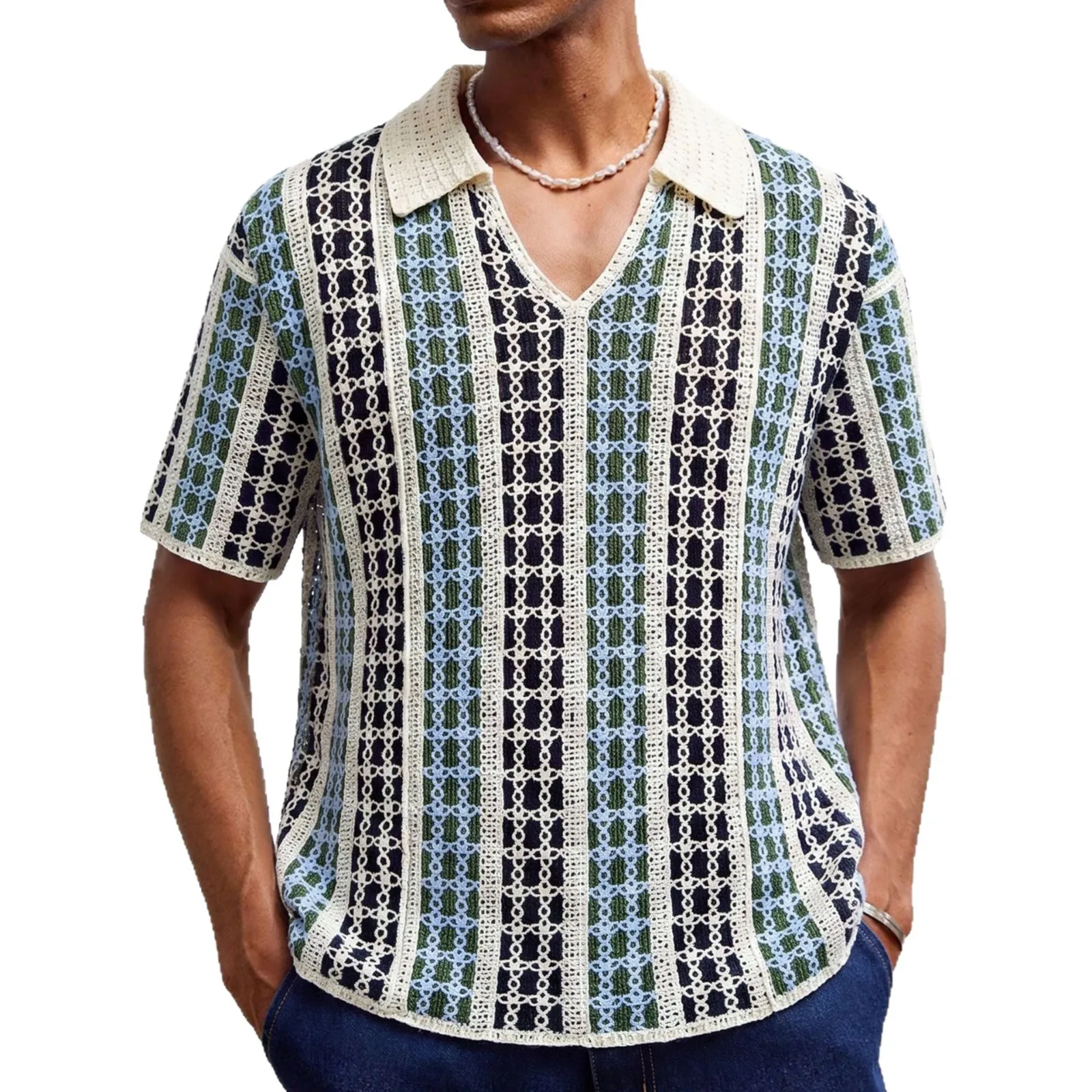Men's European and American heavy industry striped crochet polo shirt casual style loose shoulder jacquard top knitted sweater