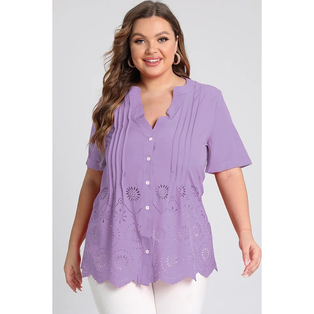 Plus Size Split Neck Crinkle Chest Pierced Blouse