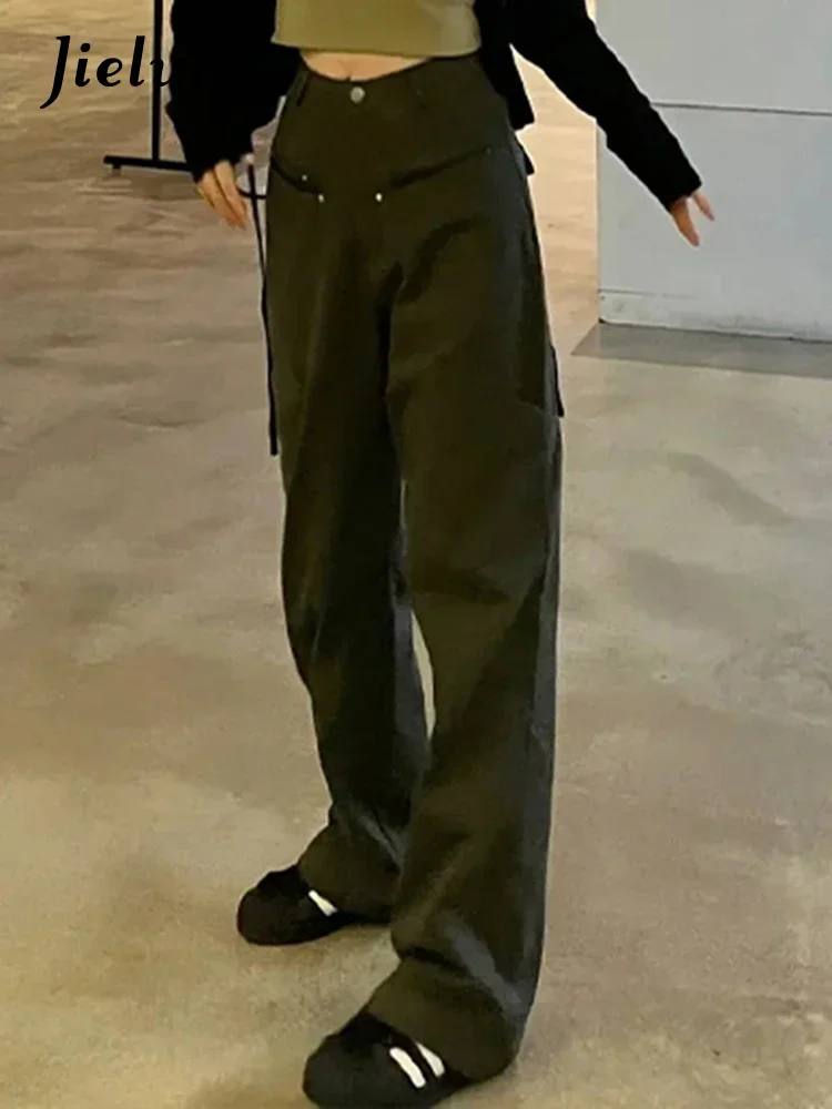 Jielur Style américain décontracté taille haute vert femmes Cargo pantalon été couleur unie droite mince ample femme jambe large pantalon