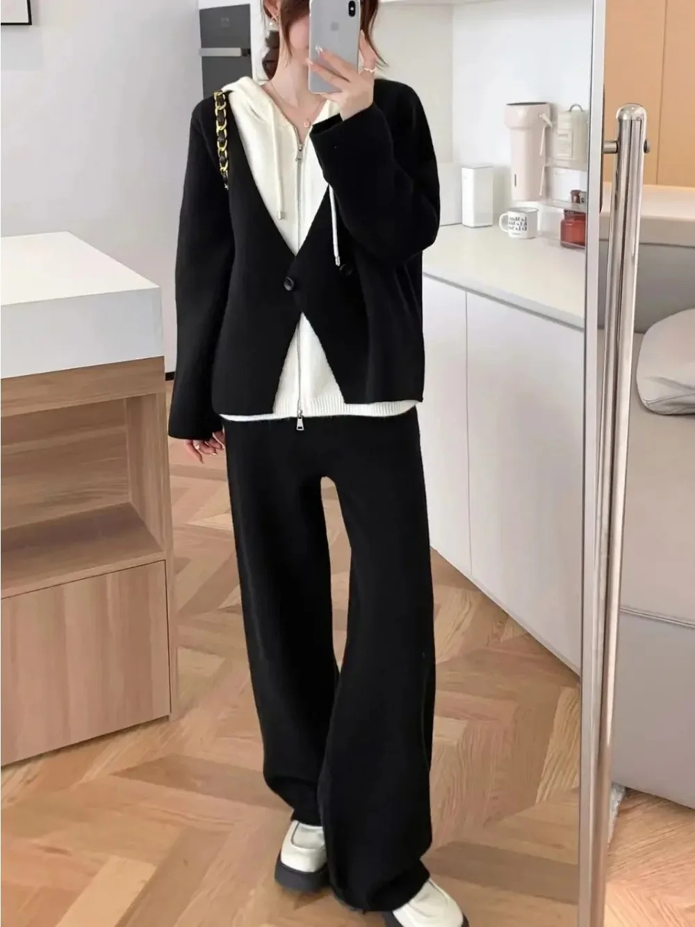 Muslim Tracksuit Women Hooded Sweatshirt Zipper Buttons Sweater Wide Leg Pants Suit Casual Ensemble Knitting 2 Piece Sets