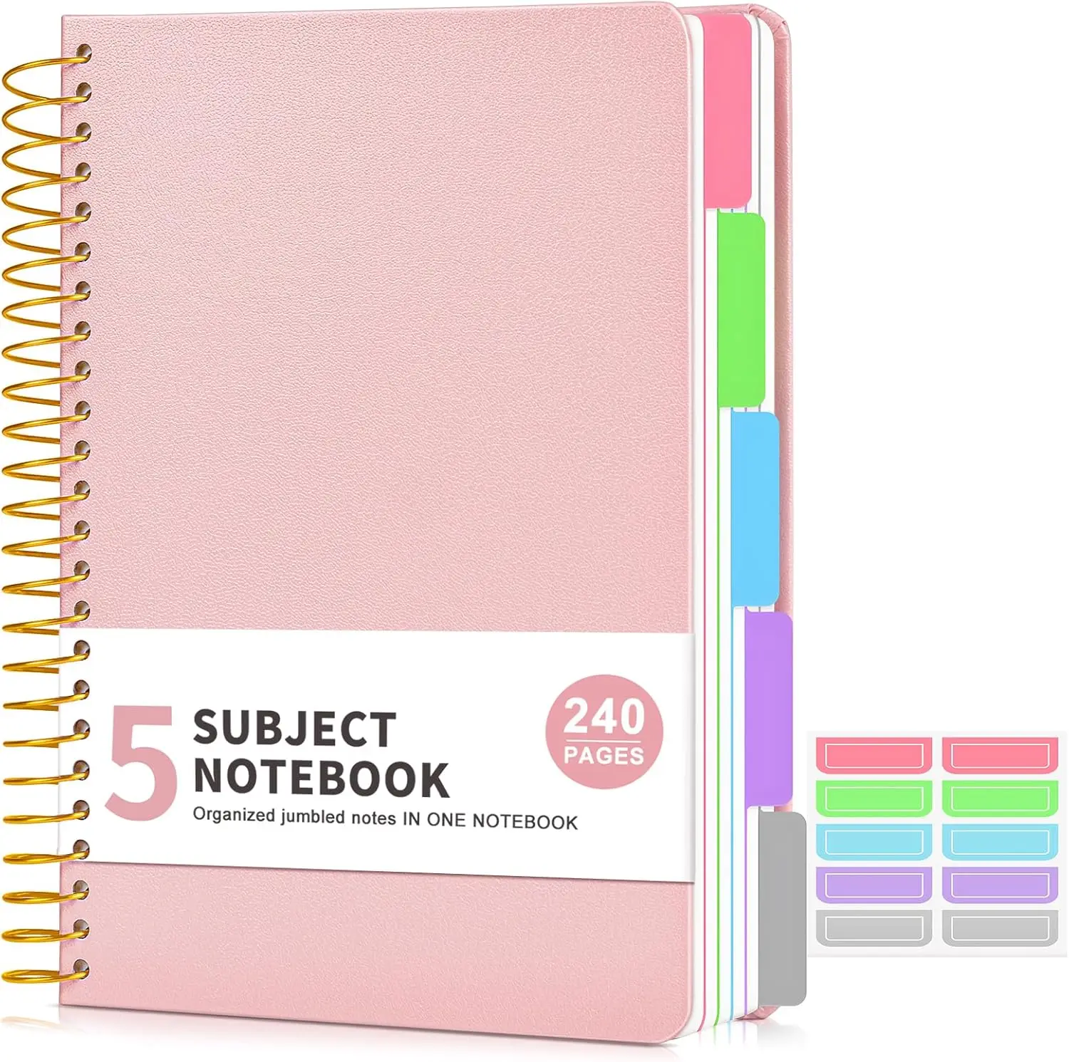 Cuaderno Espiral A5 de Tapa Dura, 5 Materias, 240 Páginas, Rayado Universitario, Cubierta de Cuero, Separadores Extraíbles con Bolsillos, 6x8.5 Pulgadas, Rosa