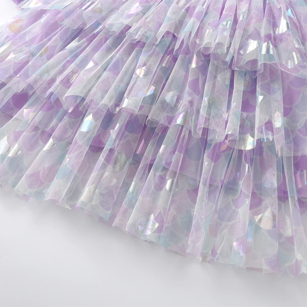 Mädchenkleid in Lavendel-Lila mit Meerjungfrauen-Print, langen Ärmeln, für Herbst und Frühling, glitzernd, geschichtet, für Geburtstagsfeiern, Alltag und Freizeit. – Detail 8