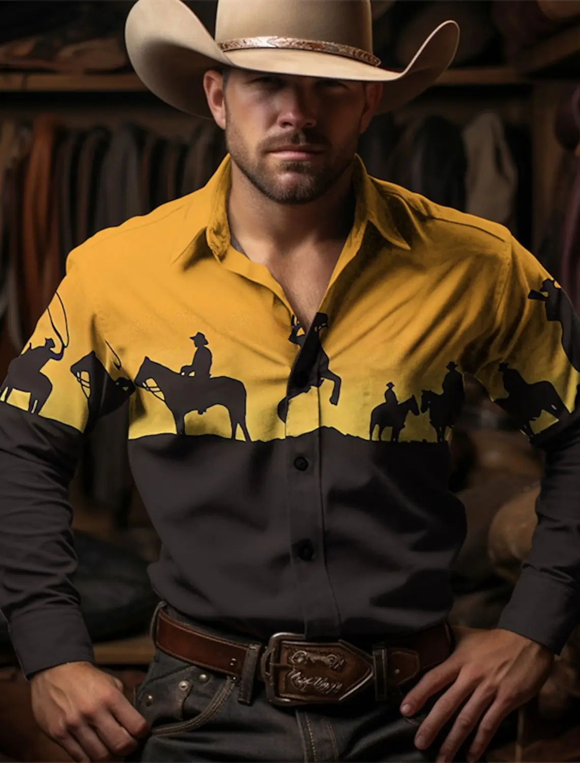 Cactus Cowboy Vintage estilo occidental camisa de hombre camisa occidental calle al aire libre Casual Otoño e Invierno camisa de manga larga