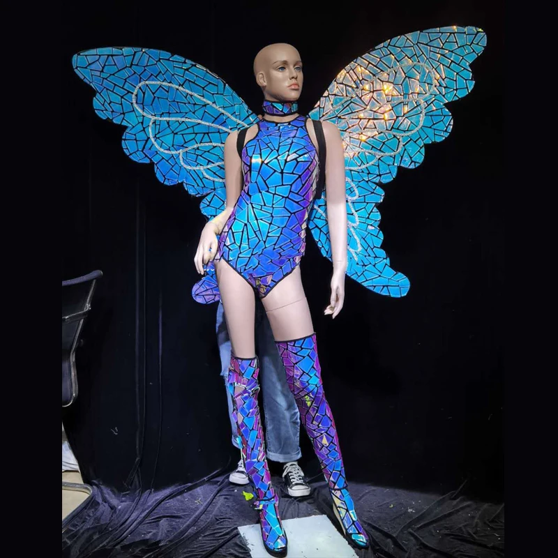 Woman Sexy Blue Mirror Dress Glass Shoes Wings Ladies Gogo Dance Outfit DS  DJ Suit Costume Performance Clubwear Party Copslay - AliExpress 200000532