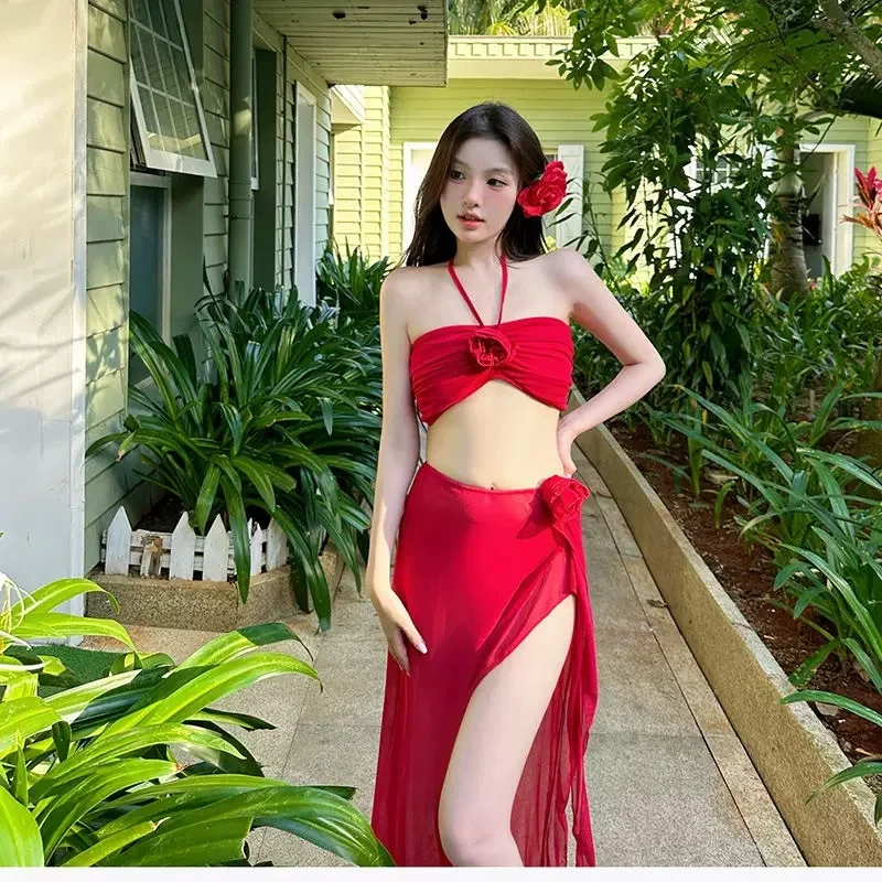 Spice Girl Red Neck Sling Dress Irregular Ruffle Edge Sexy Split Seaside Vacation Hot Spring Swimsuit
