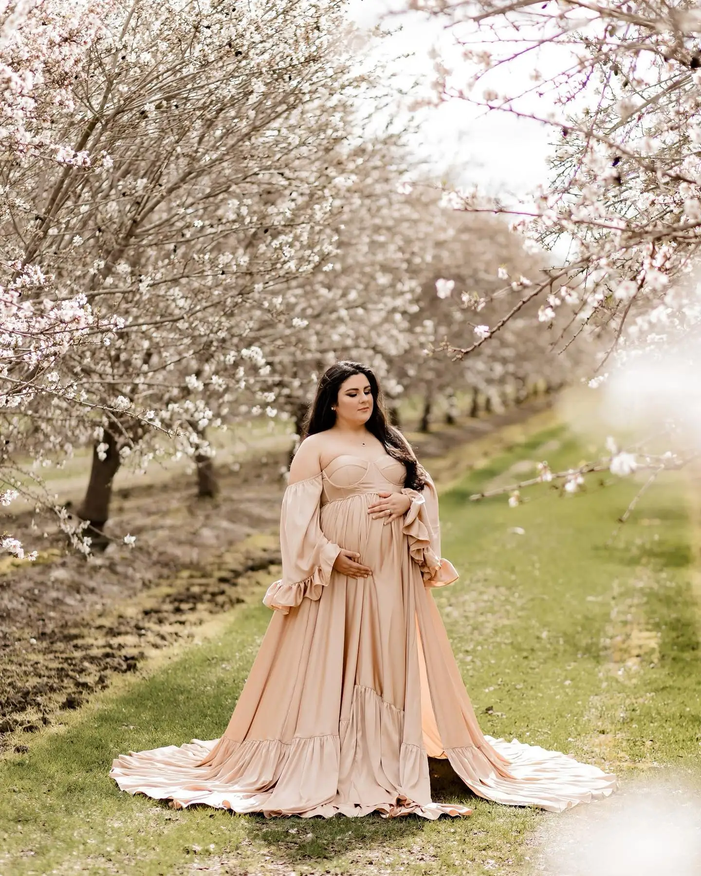 

Silk Satin Maternity Dresses for Photo Shoot Robe Off Shoulder Sweetheart Kimono Pregnant Full Sleeves Custom Made Prom Dress