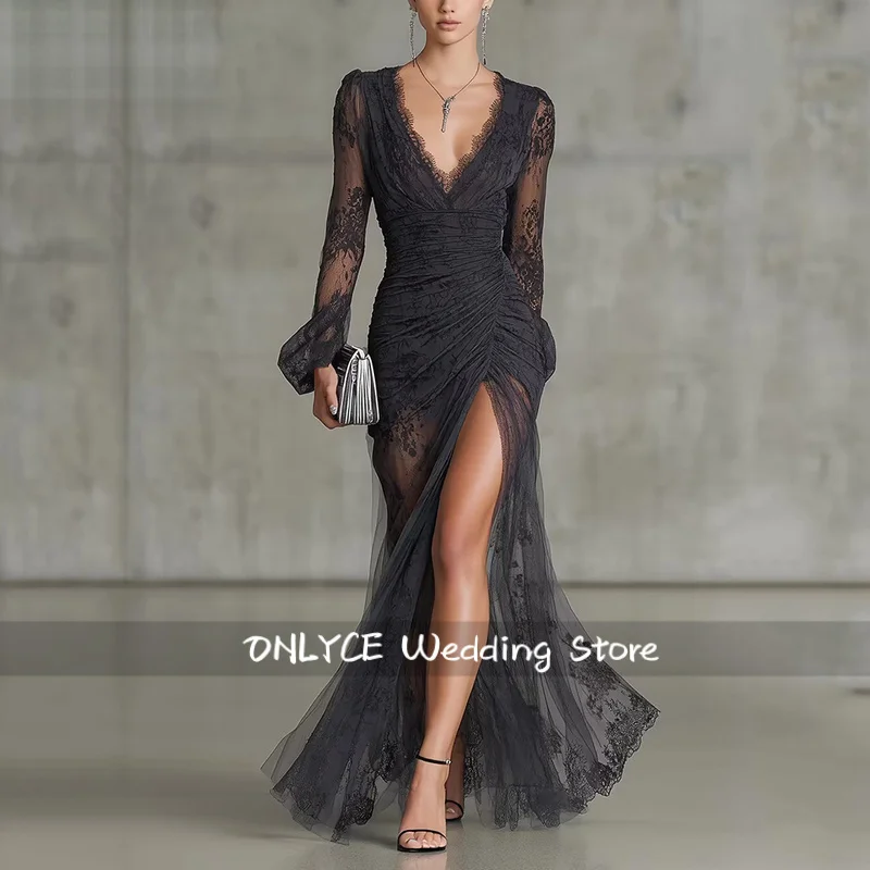 

Black Lace Evening Dress V Neck Full Sleeves A Line Mermaid Prom Formal Occasion Dress Elegant Party Dress Customized
