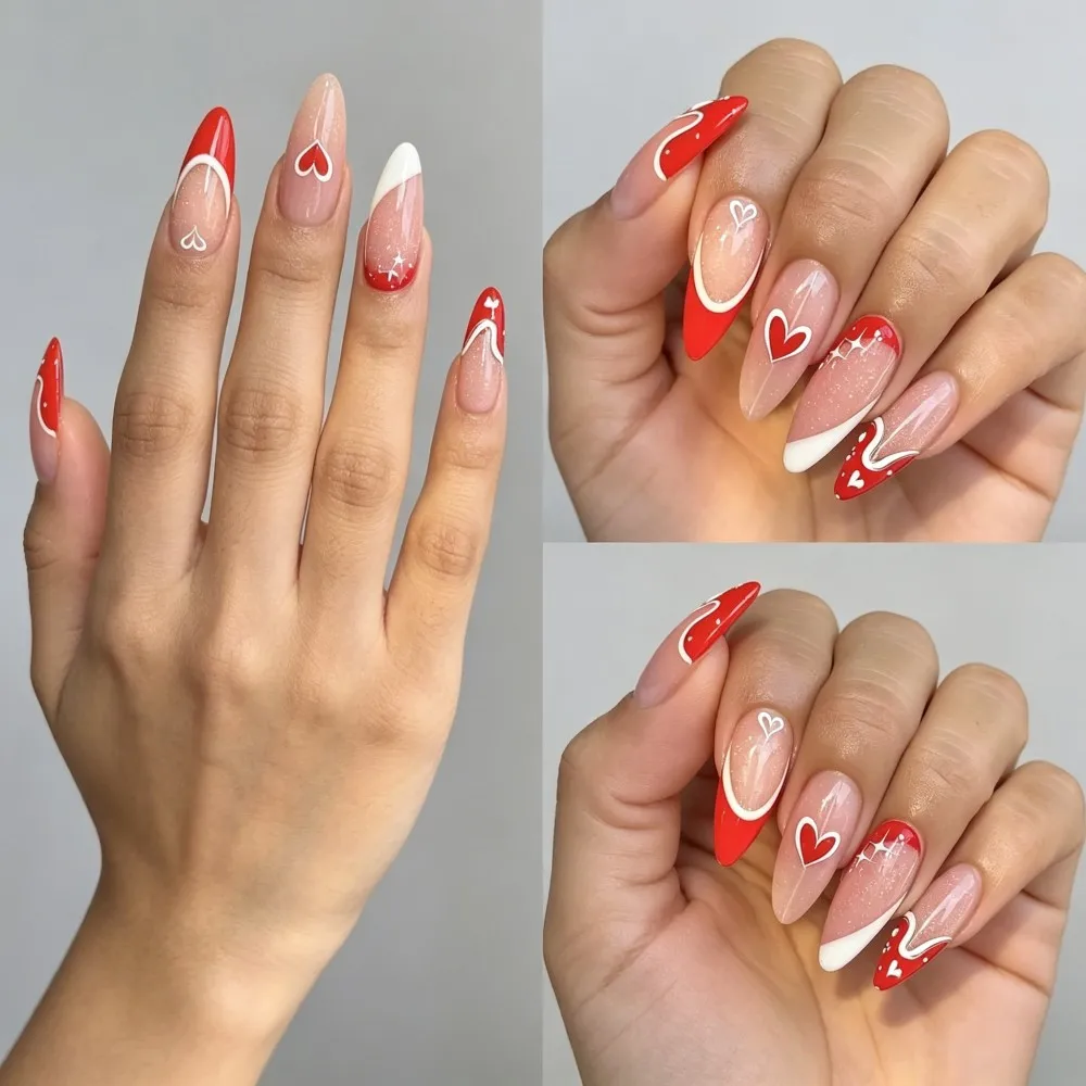 24pcs French Tip Press On Nails Nude Pink With White Heart & Glitter Long Almond Fake Nails Reusable False Nail Tips For Dating view 3