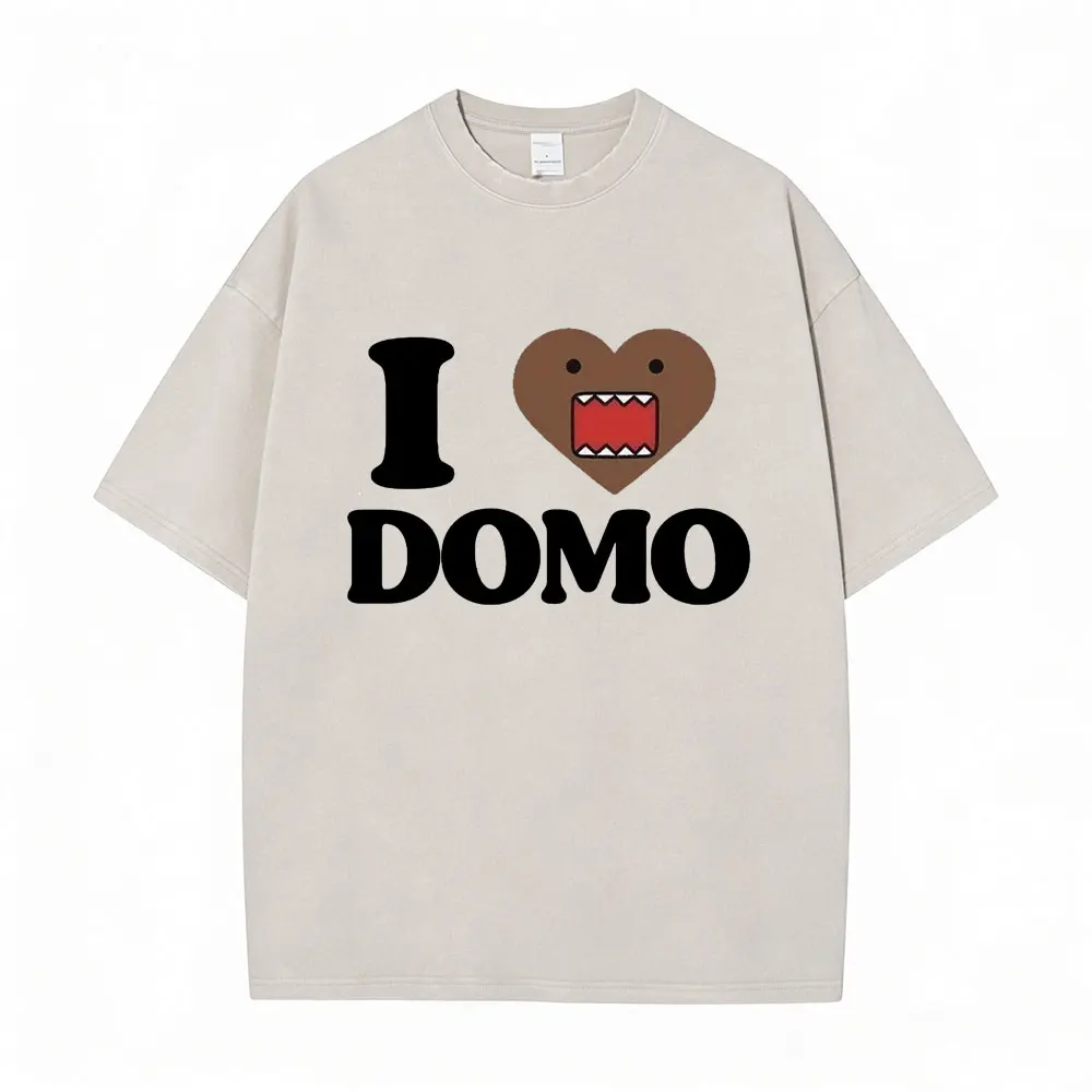 

I Love Domo Kun Funny Meme Vintage Washed T Shirt Men's Women Japanese Casual Humor T-shirt Male 100% Cotton Oversized T-shirts