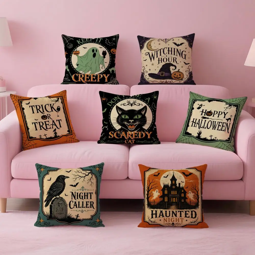 Vintage Halloween Slogan Prints Cushion Cover Comfortable Double Sided Pillow Cover For Car Sofa Bedroom & More