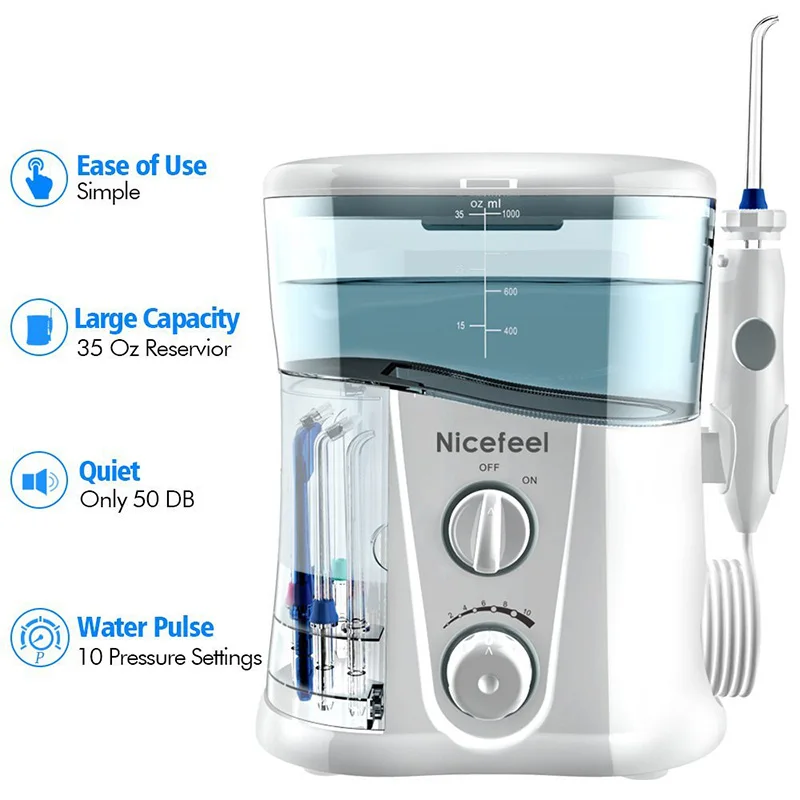 Nicefeel 1000ml Electric Oral Irrigator Teeth Cleaner Care Dental Water Flosser SPA  with Adjustable Pressure+ 7 Pcs Jet