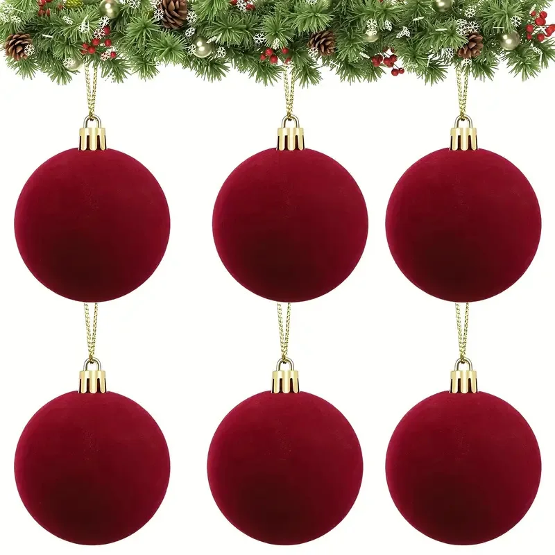 Für Weihnachtsbaum beflockte Weihnachtskugel zum Aufhängen, Anhänger, Festival, Party, Heimdekoration, 5 cm, weinrote Samt-Weihnachtskugeln