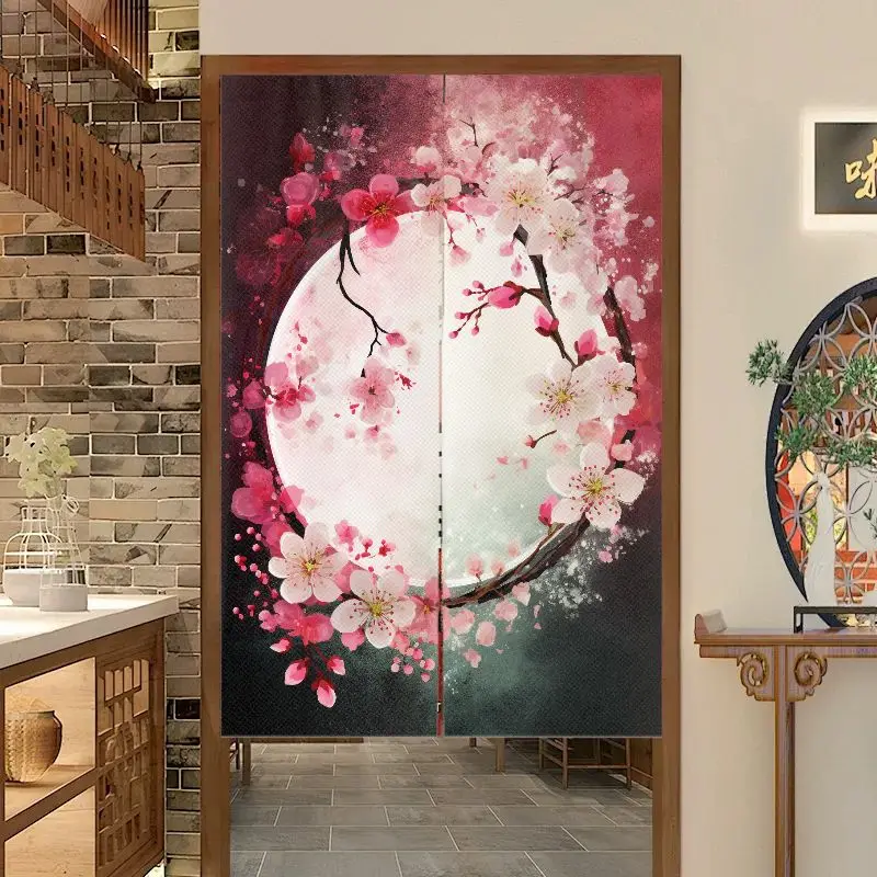 VIKAMA Chinese Ink Red Plum Magpie Door Curtain Beige Background Blossom Four Birds Painting Art Linen Noren Bedroom Kitchen