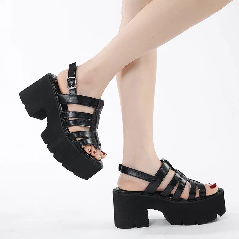 

8cm black chunky heel sandals platform ankle strap high heel sandals walking shoes block heel gladiator sandals pumps High heels