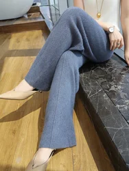 Women's 100% Mink Cashmere Wide Leg Pants Autumn Winter Office Lady Simple Style Cashmere Knit Trousers Elasticated Waist Pants