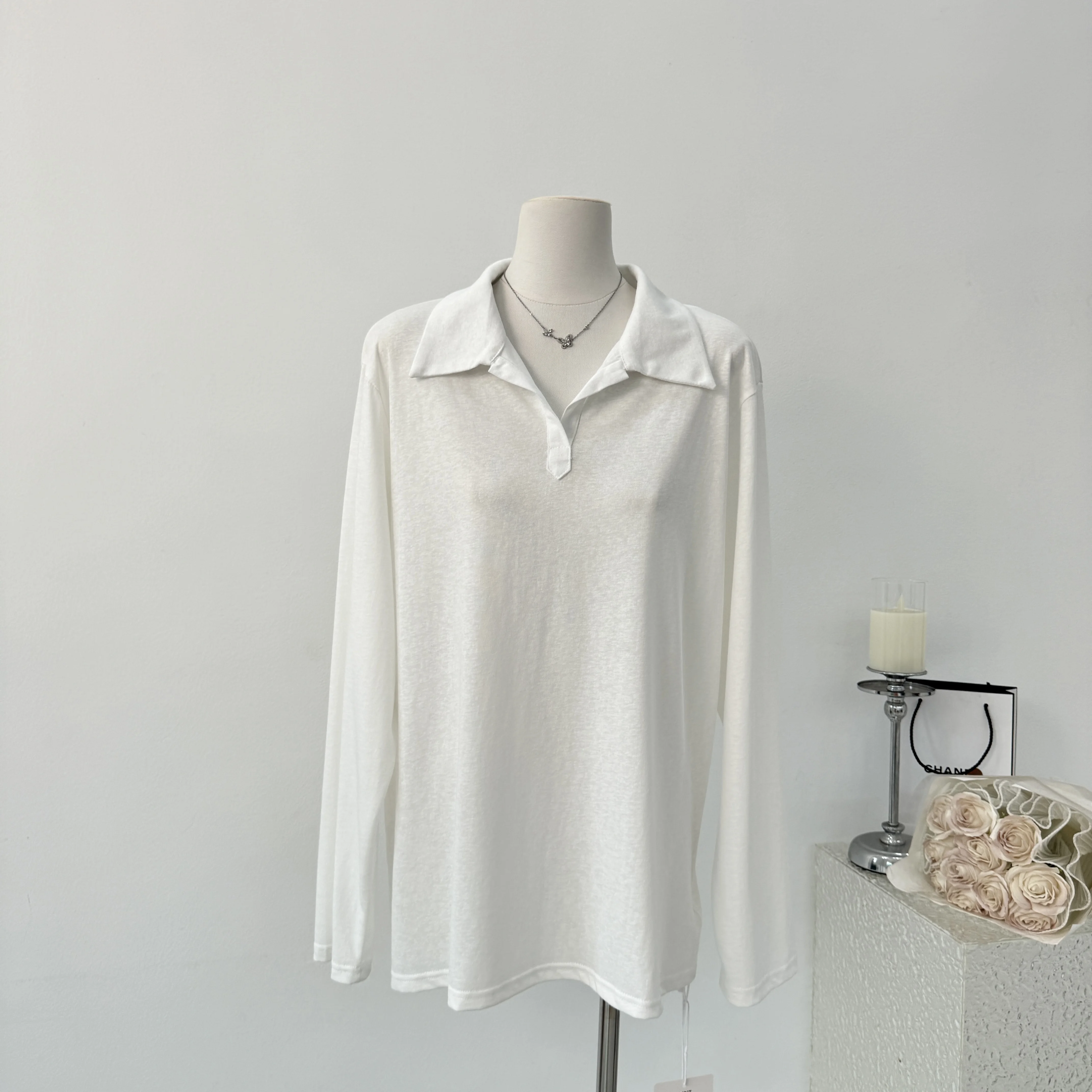 Spring New Style Women's Casual Loose Long Sleeve  Shirt White T-Shirt Flip Collar Korean Style Breathable Comfortable Top