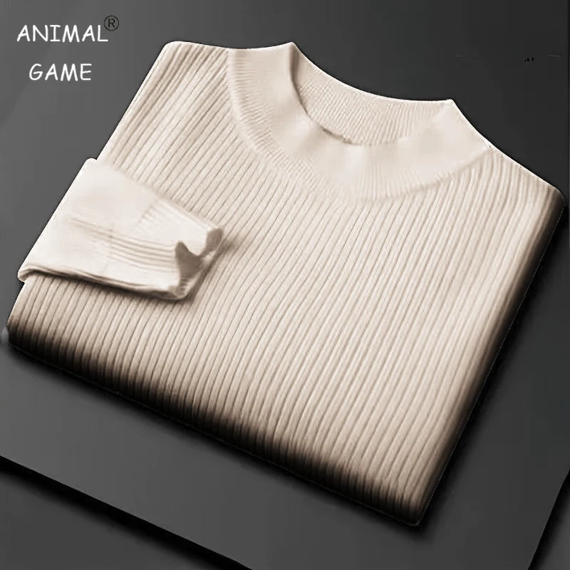

Autumn Men's Mock Neck Knitted Sweaters Long Sleeve Woolen Pullover Sweater Winter Outdoor Warm Stripes Thick Heavyweight Top