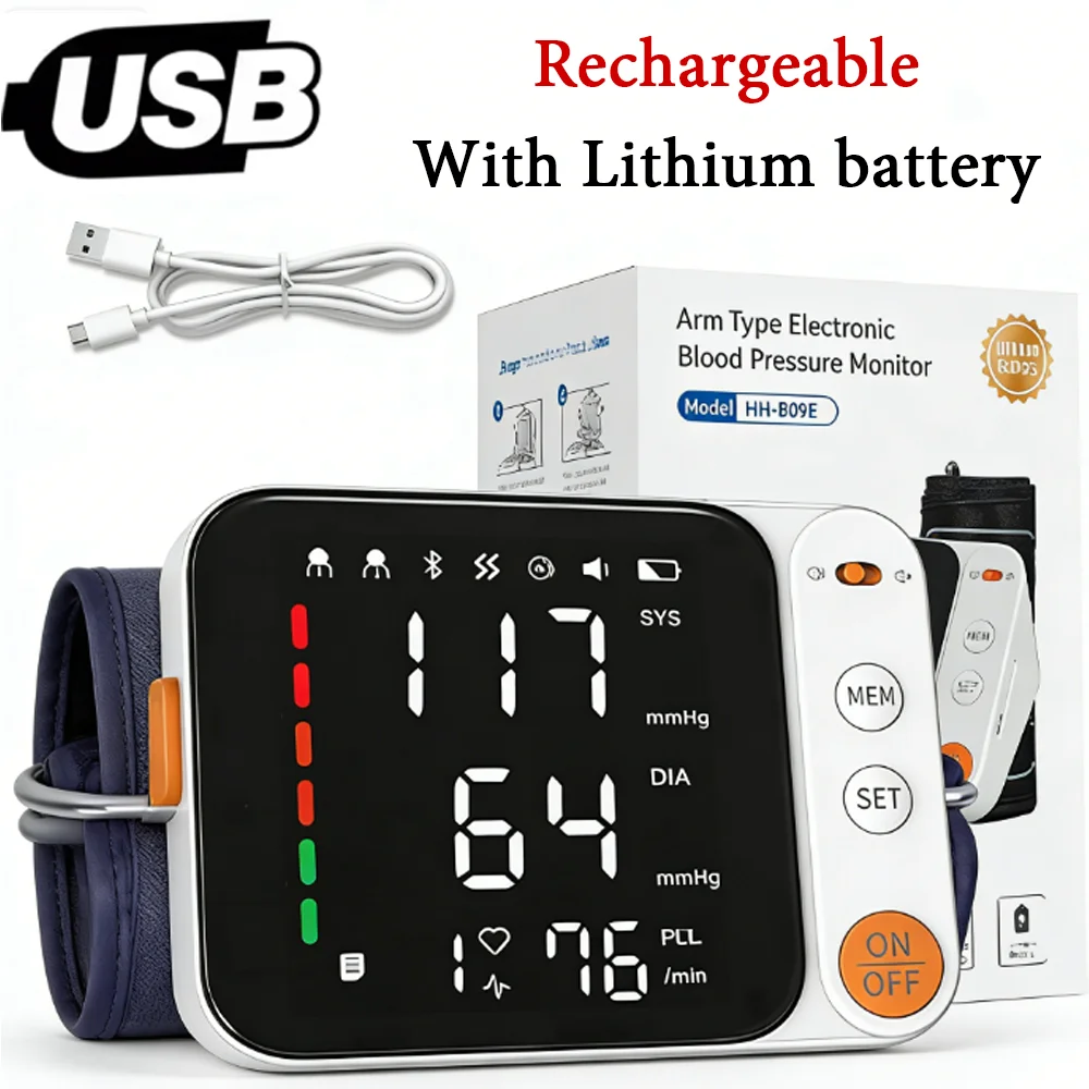 Monitor de Pressão Arterial Recarregável para Braço Superior, Máquina Automática de Medição de Pressão com Display LED para Uso Doméstico e Cuidados de Saúde