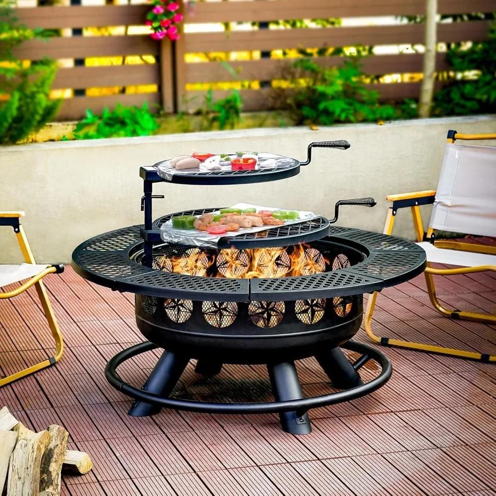 36 Inch Fire Pit with 2 Cooking Grills, Burning BBQ Firepit with Lid, 3-in-1 Outdoor Fire Pit for Backyard Deck Bonfire Patio