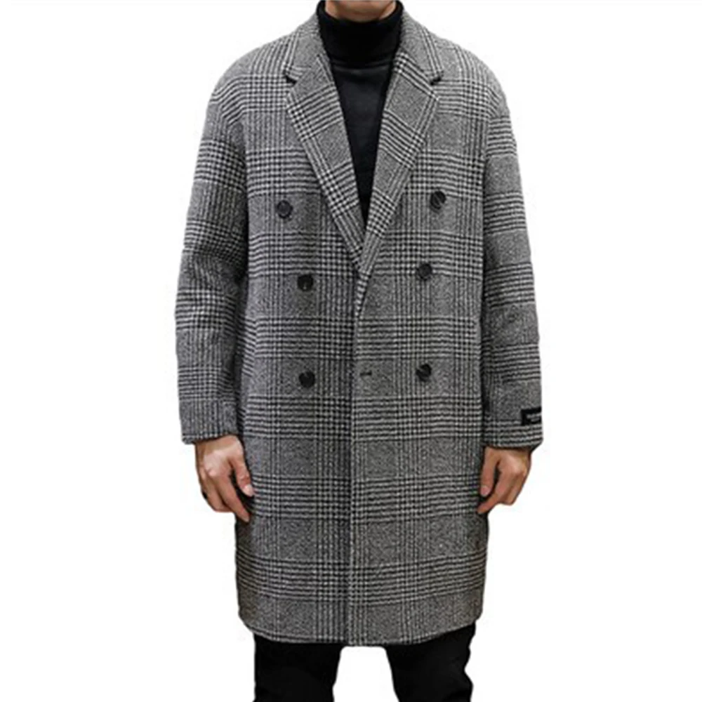 Fashion Men Coat Autumn Winter New Fashion Plaid Double Breasted Lapel Coat Mid-long Coat Men Chic Wool Blends Winter Coat Men