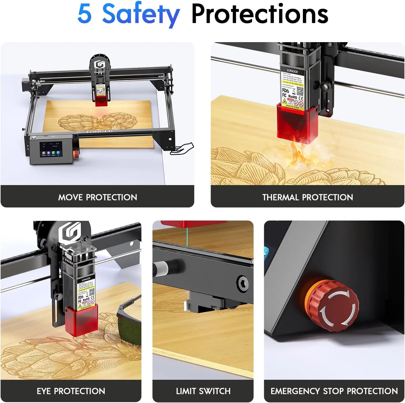 Incisore laser RAY5 5W più lungo con rullo rotante, sollevatore da 8 pezzi, touch screen a colori da 3,5", controllo offline dell'app